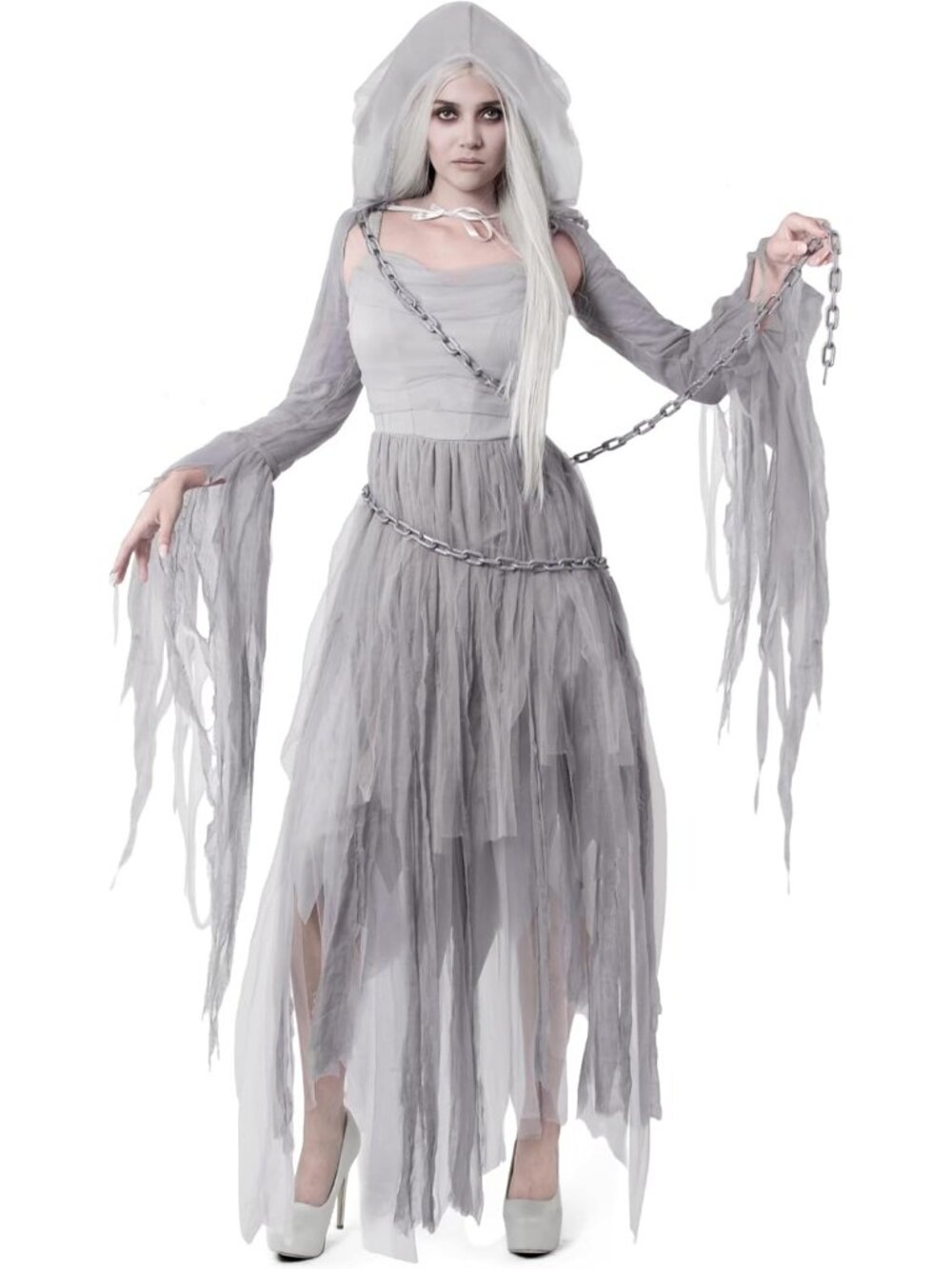 Women's Grey Comfortable Ghost Cape Dress Halloween Haunting Beauty Cosplay